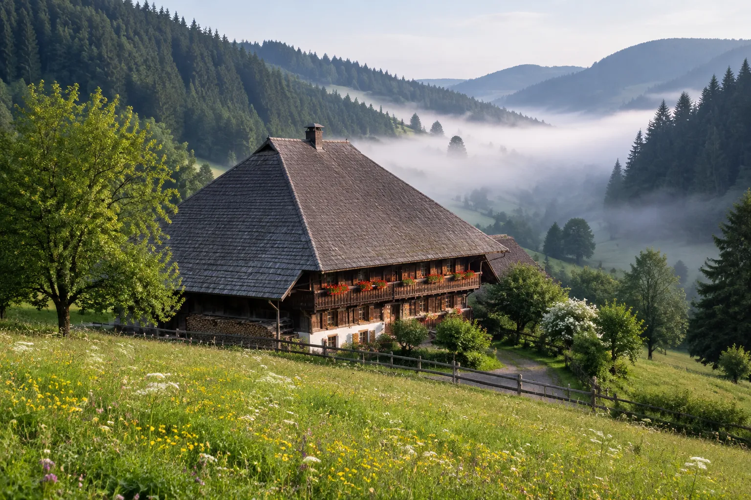 Schwarzwaldhof mit tief gezogenem Walmdach in einem grünen Tal, umgeben von Tannenwald im Morgennebel