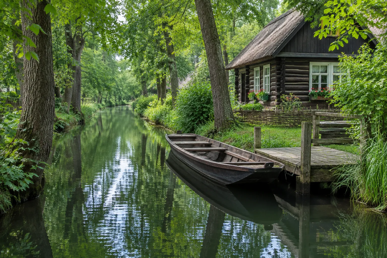 Fließ im Spreewald mit Holzkahn an einem Anleger, alten Bäumen und Blockhaus