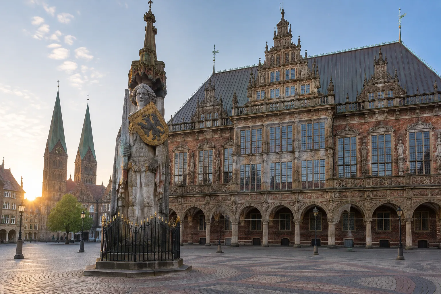 Bremer Roland vor dem Rathaus auf dem Marktplatz am frühen Morgen