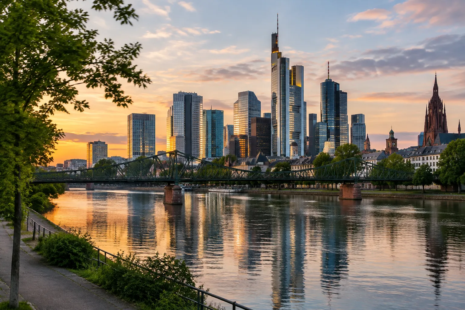 Frankfurter Skyline über dem Main im Abendlicht mit Eisernem Steg