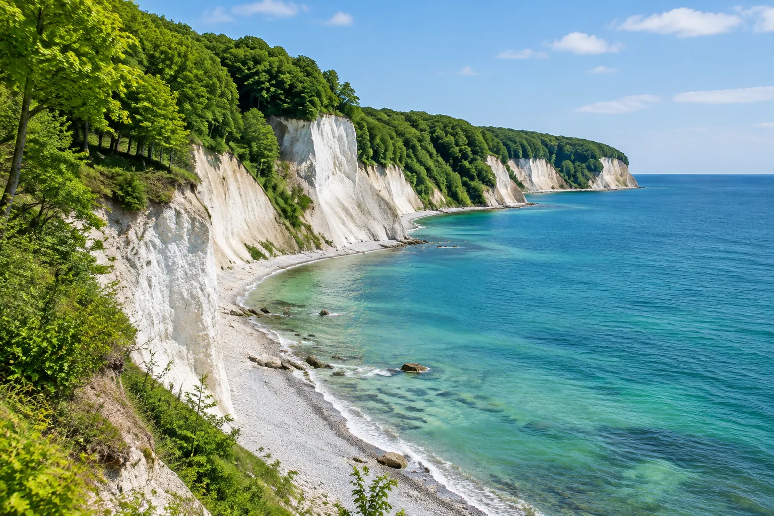 Weiße Kreidefelsen auf Rügen mit Buchenwald über der türkisfarbenen Ostsee