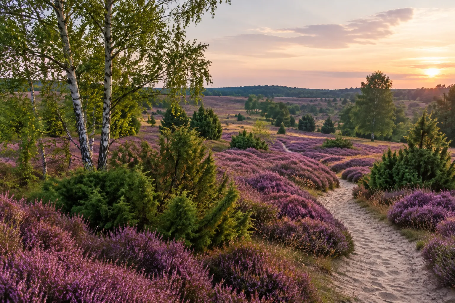 Blühende Lüneburger Heide mit Wacholderbüschen, Sandweg und Birken im Abendlicht