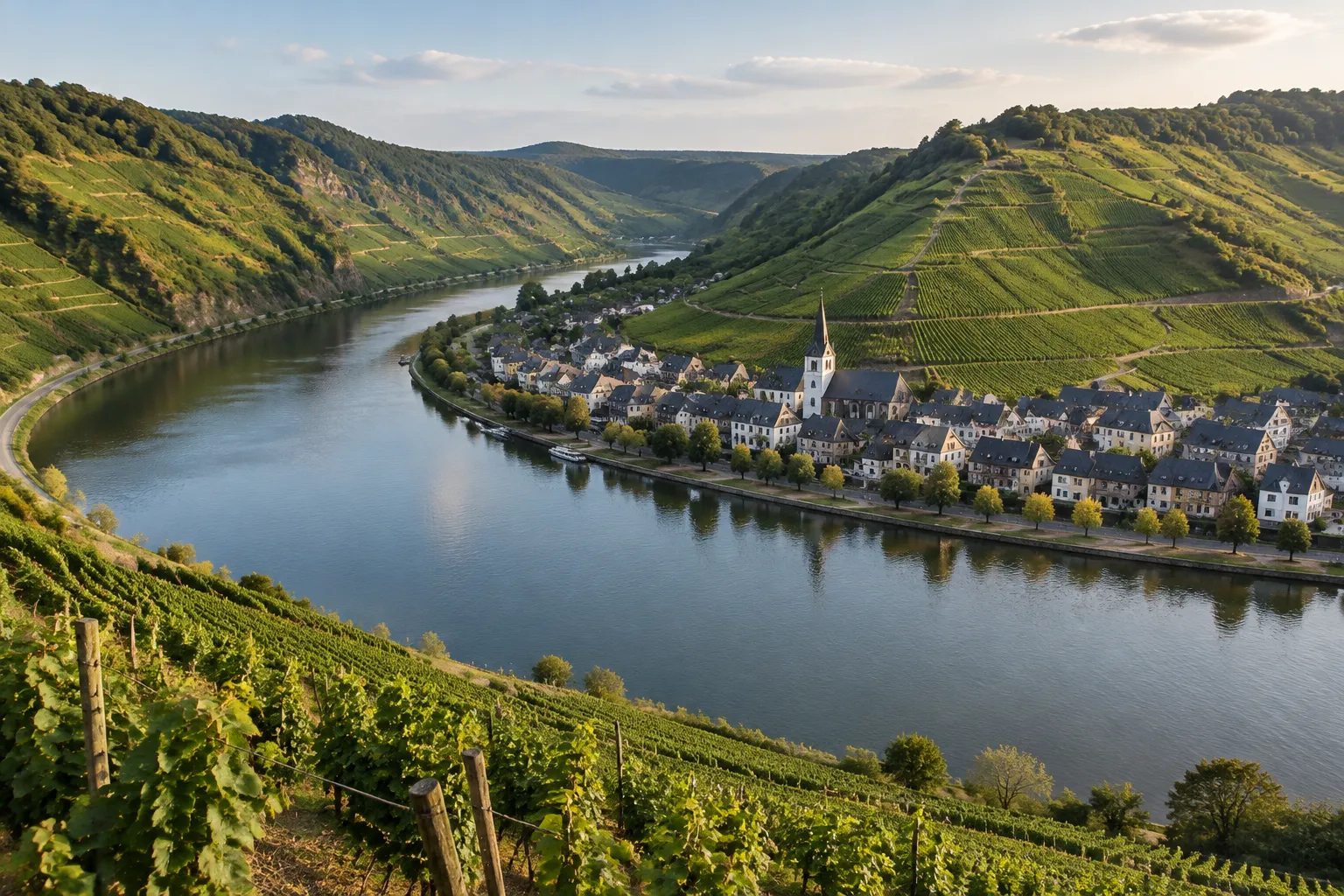 Moselschleife mit steilen Weinbergen und einem Weindorf am Ufer