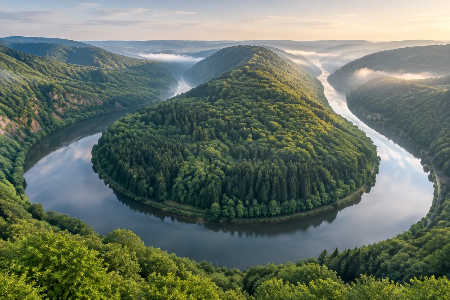 Saarschleife von oben: der Fluss windet sich um einen bewaldeten Bergrücken