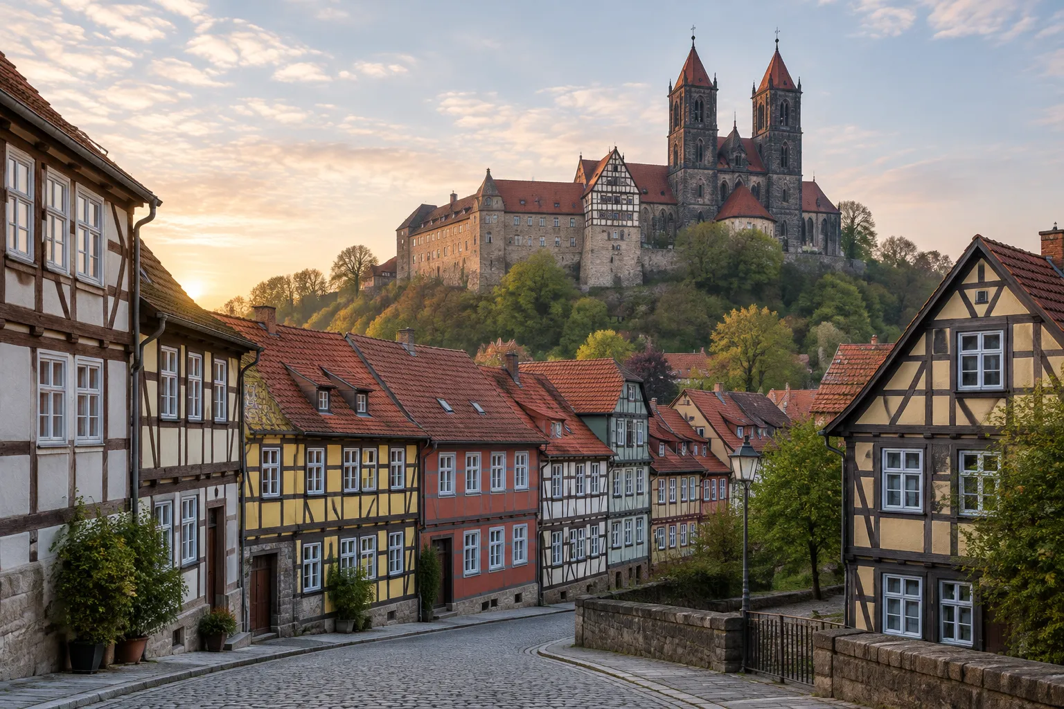 Fachwerkhäuser der Quedlinburger Altstadt mit Schlossberg und Stiftskirche