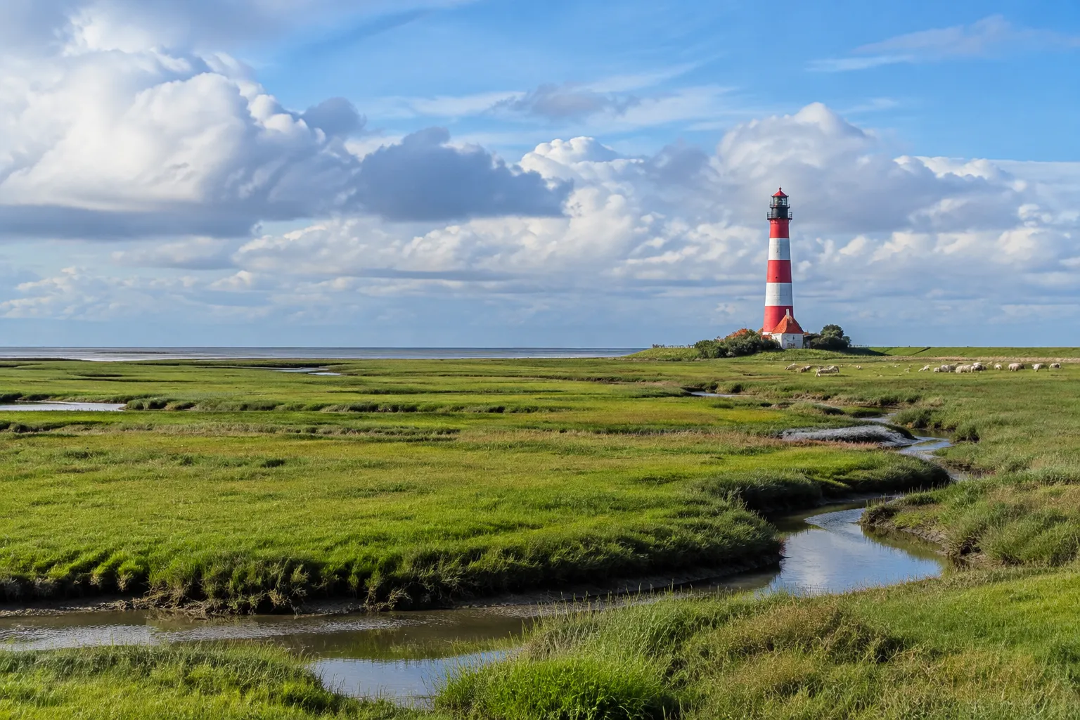 Rot-weißer Leuchtturm in den Salzwiesen an der Nordseeküste unter weitem Himmel