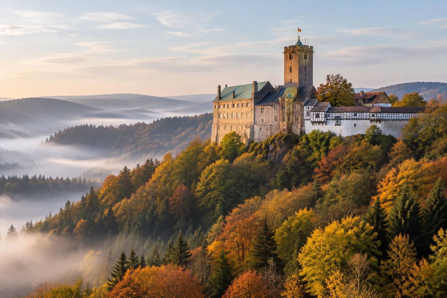 Wartburg auf einem bewaldeten Berg über dem Thüringer Wald im Herbstnebel