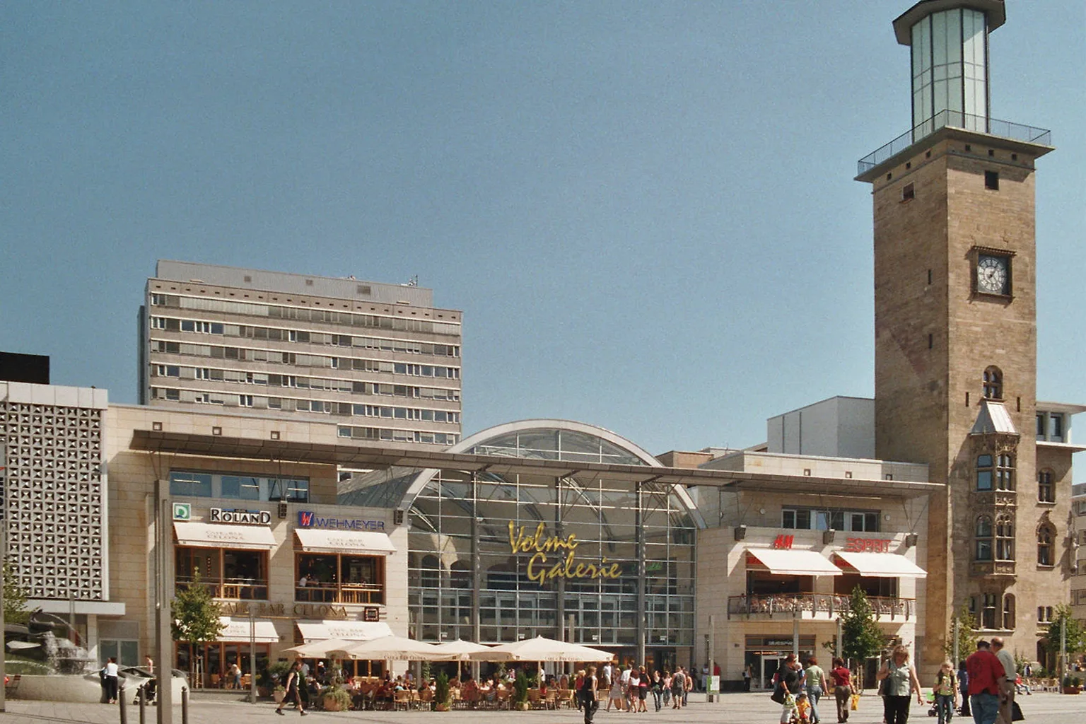 Hagen, Friedrich Ebert square with town hall tower and Volme shopping mall