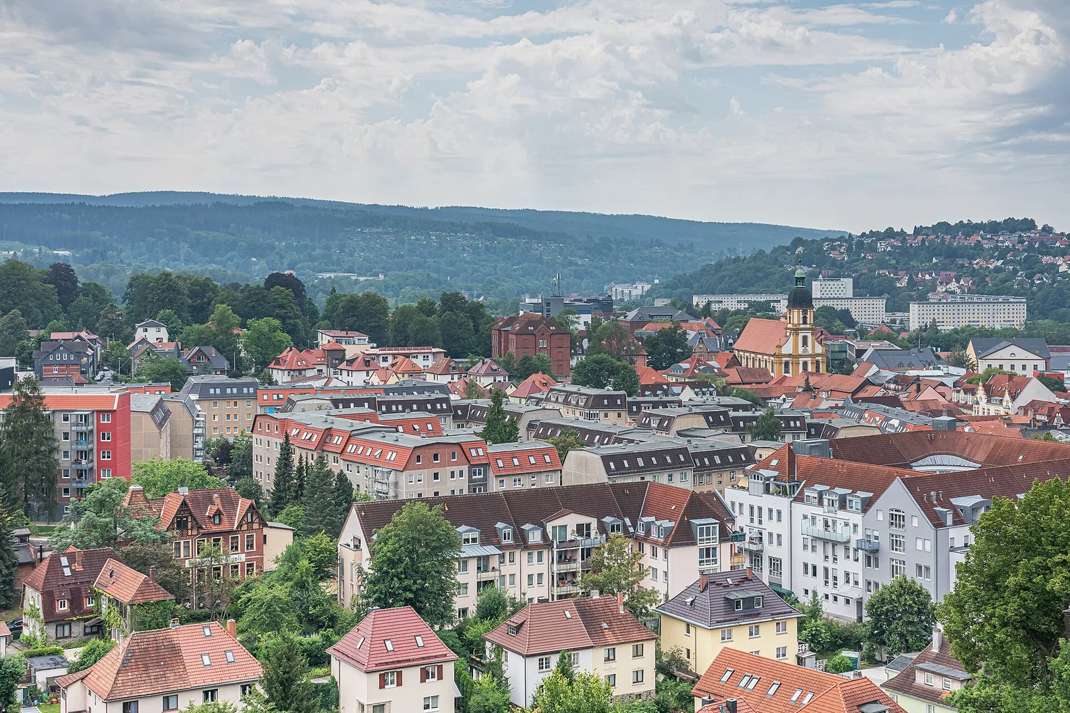 View towards downtown and Holy Cross Church in Suhl, Thuringia, Germany
