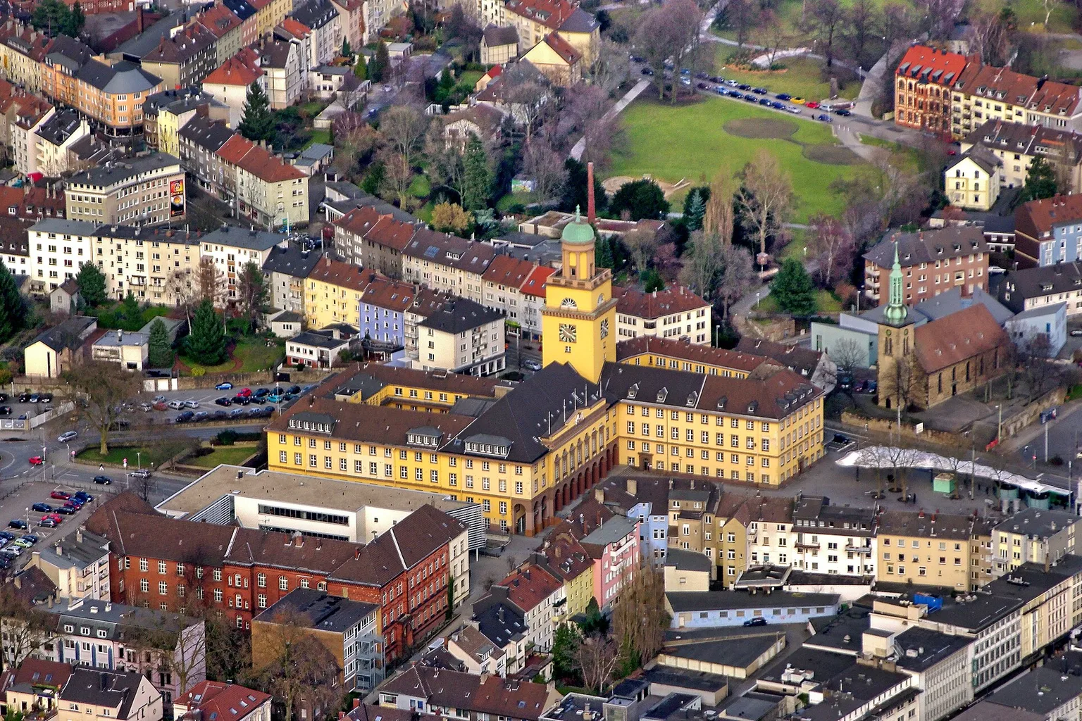 Witten, City hall and Johannis church, down left the Schiller Gymnasium