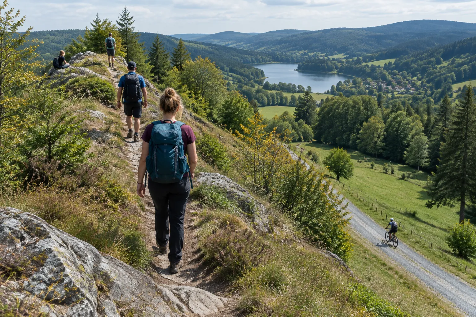 Wanderer auf einem Höhenweg im Mittelgebirge, im Tal ein Radfahrer auf einem Feldweg und ein kleiner See