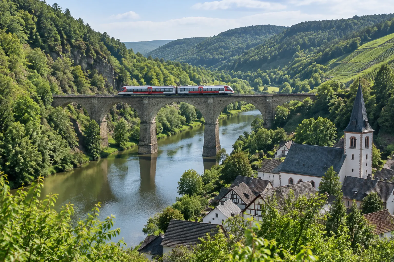 Regionalzug auf einem Steinviadukt über einem grünen Flusstal mit Dorf und Kirche