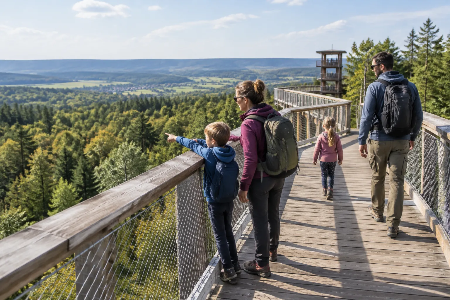 Familie auf einem Baumwipfelpfad über einem Mischwald
