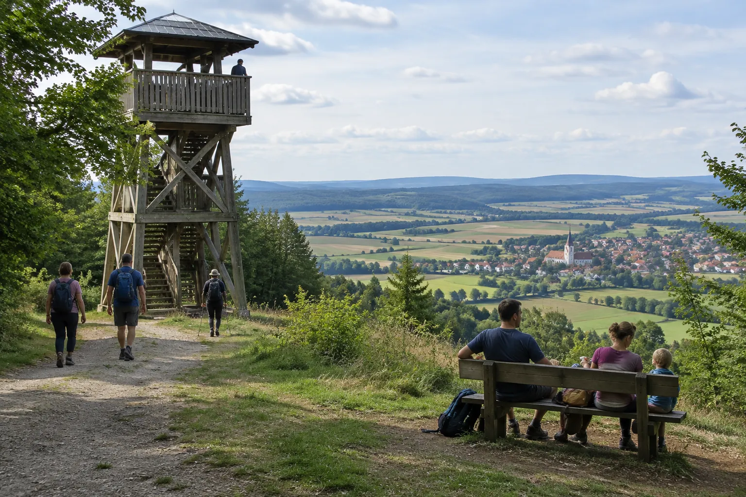Holzaussichtsturm am Waldrand über Feldern und einem Dorf, Spaziergänger auf dem Weg