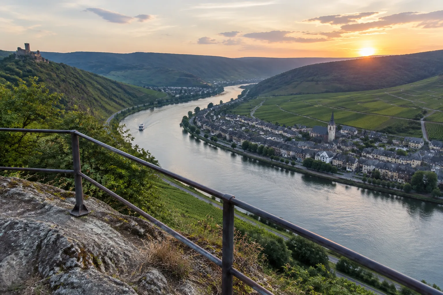 Blick von einem Felsen-Aussichtspunkt über ein gewundenes Flusstal mit Weinbergen und einer Kleinstadt