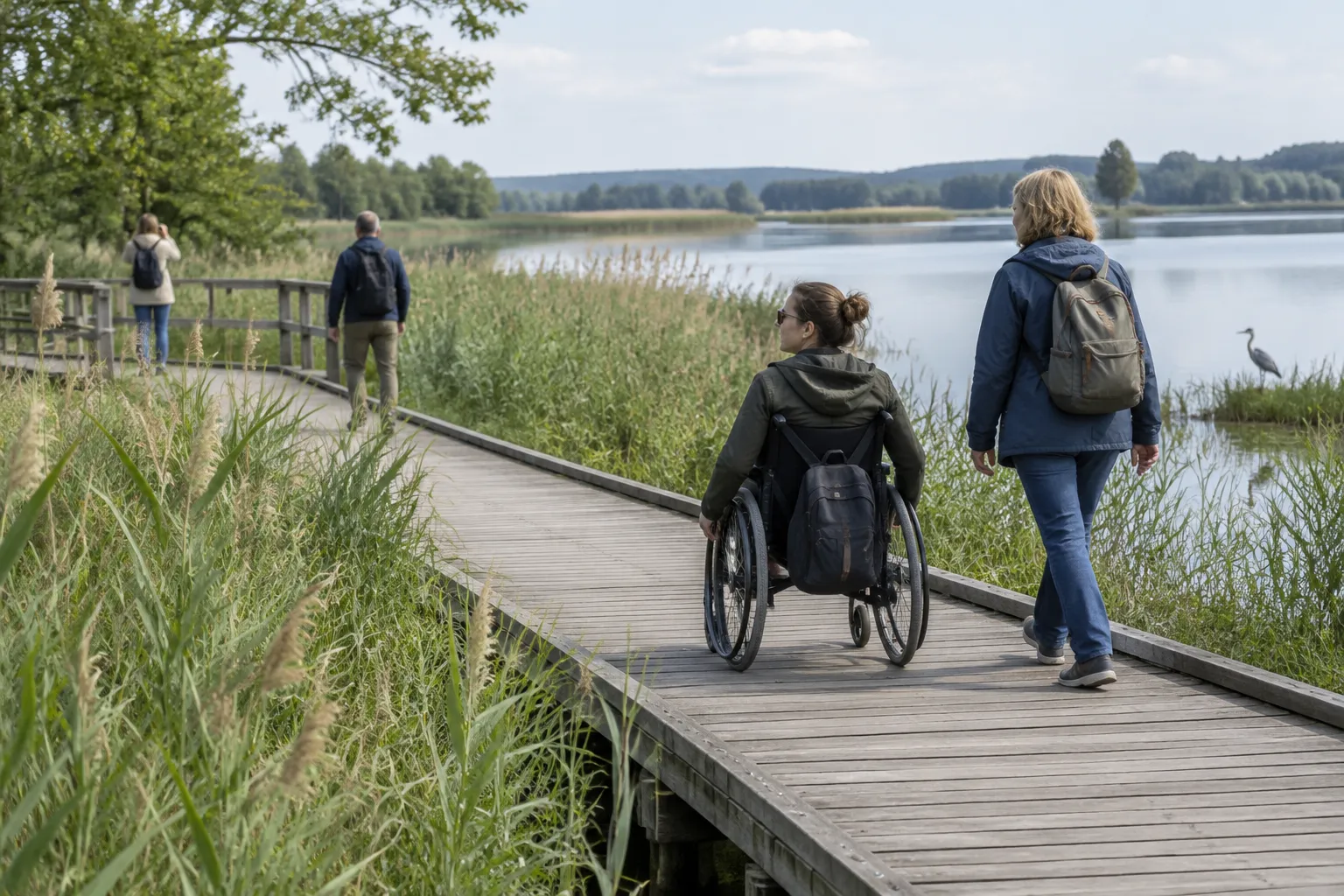 Barrierefreier Bohlenweg an einem See, eine Person im Rollstuhl mit Begleitung