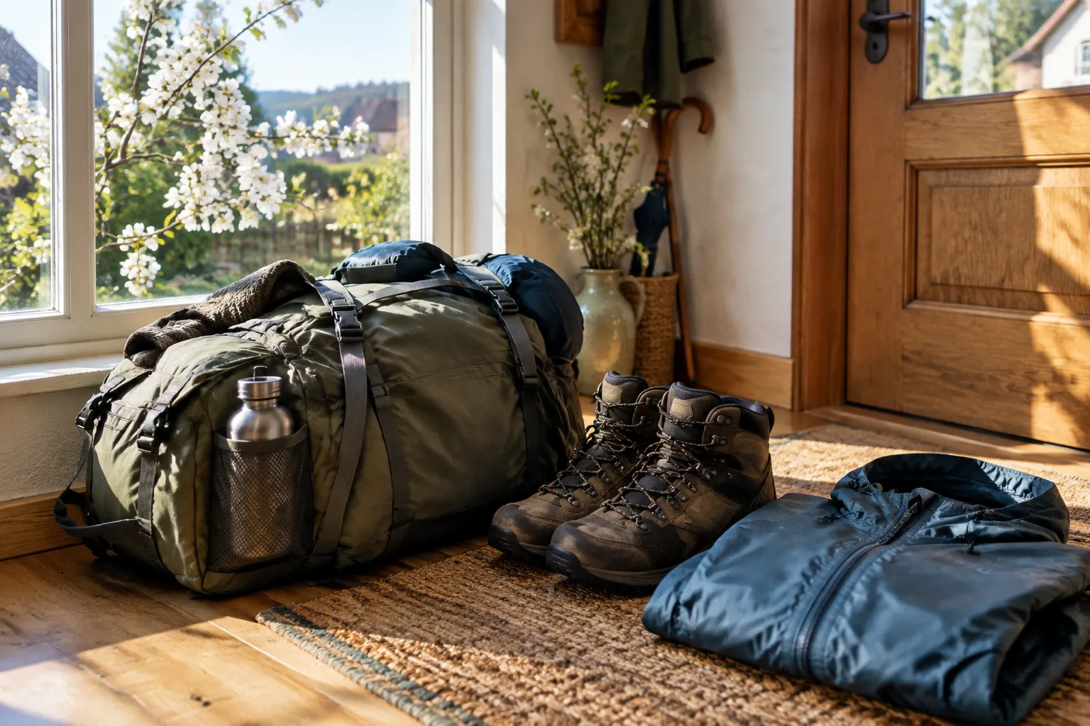 Gepackte Wochenendtasche, Wanderschuhe und Regenjacke an der Tür vor einem sonnigen Fenster