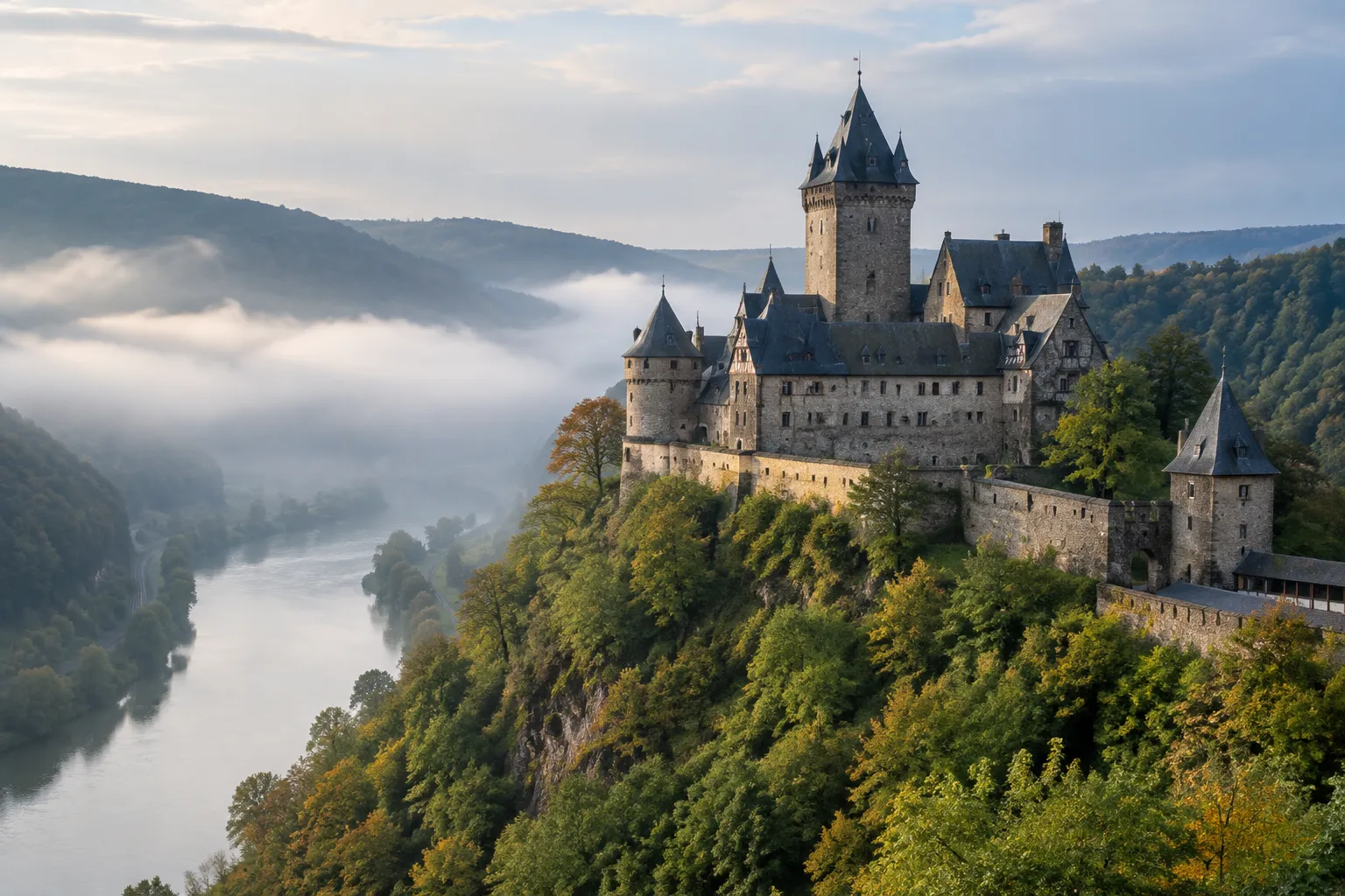 Mittelalterliche Burg auf einem bewaldeten Hügel über einem Fluss im Morgendunst