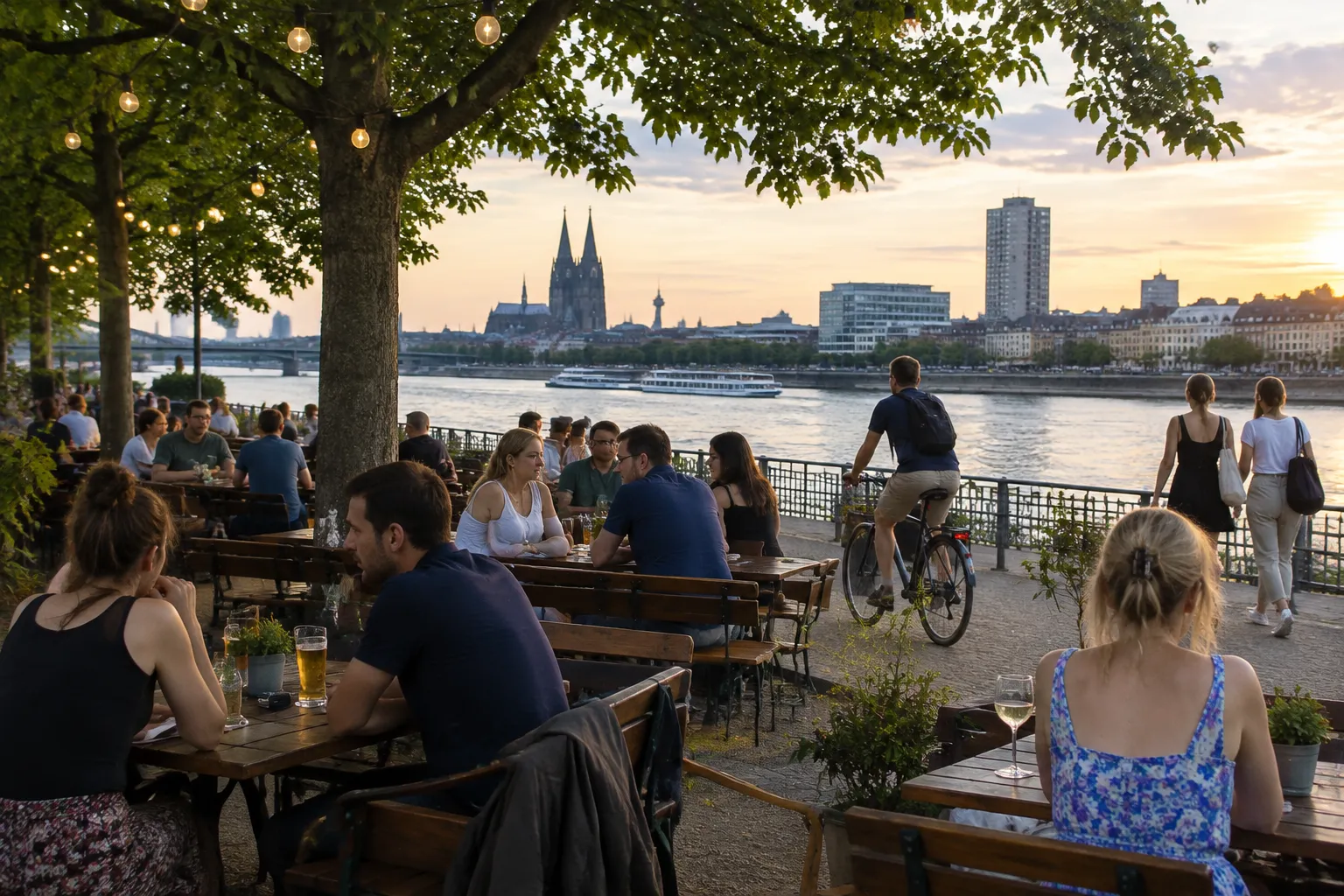 Biergarten an einer Uferpromenade am Sommerabend mit Gästen unter Bäumen