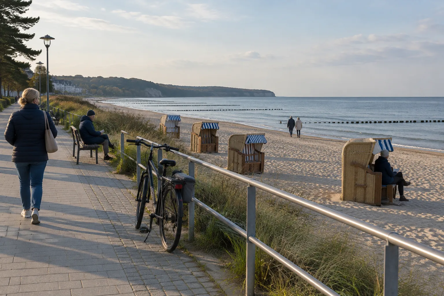Fast leere Strandpromenade an der Ostsee im September mit Strandkörben und einem Fahrrad