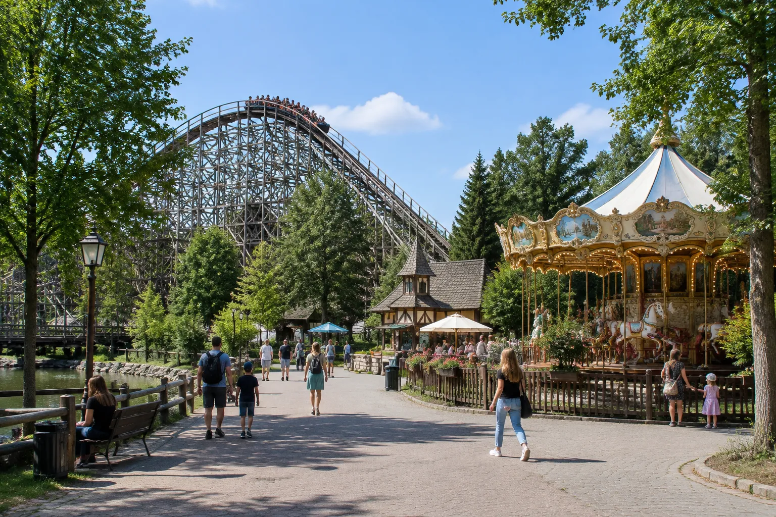Holzachterbahn und Karussell in einem Freizeitpark an einem sonnigen Tag