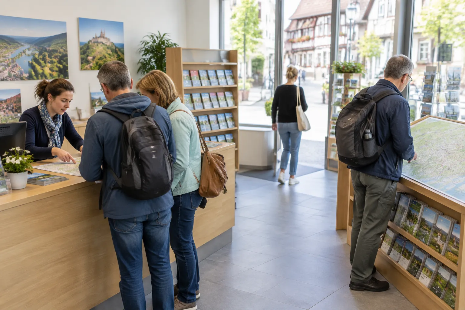 Helle, moderne Tourist-Information mit Beratung am Tresen und Prospekten