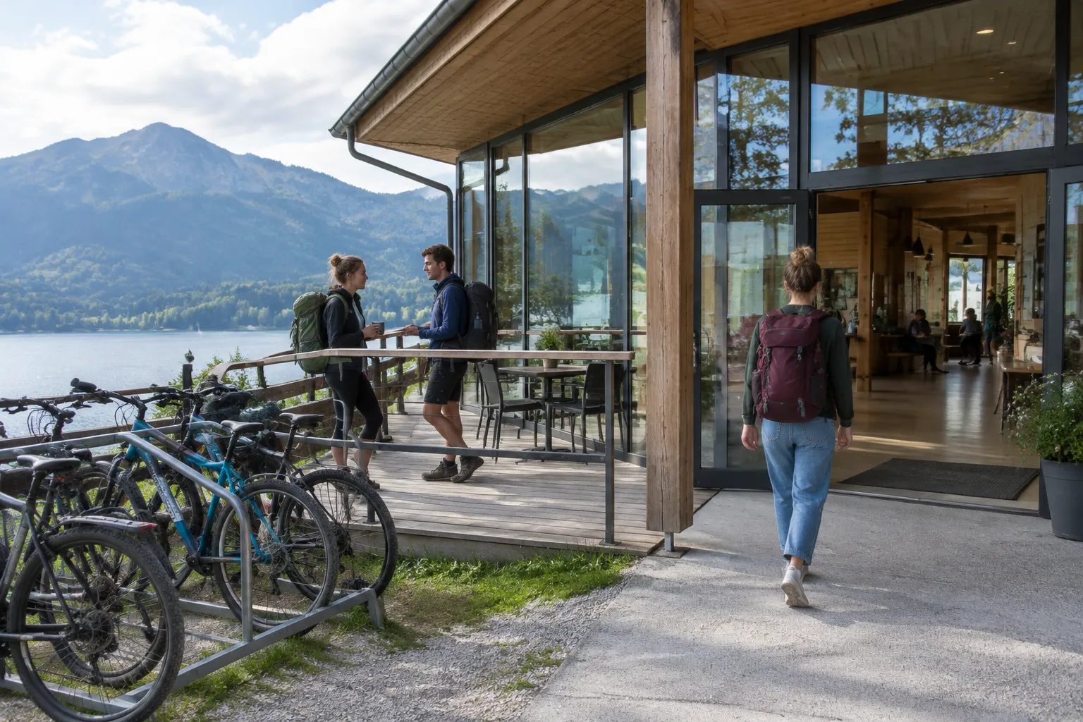 Moderne Jugendherberge aus Holz und Glas an einem See mit Fahrrädern und jungen Reisenden auf der Terrasse