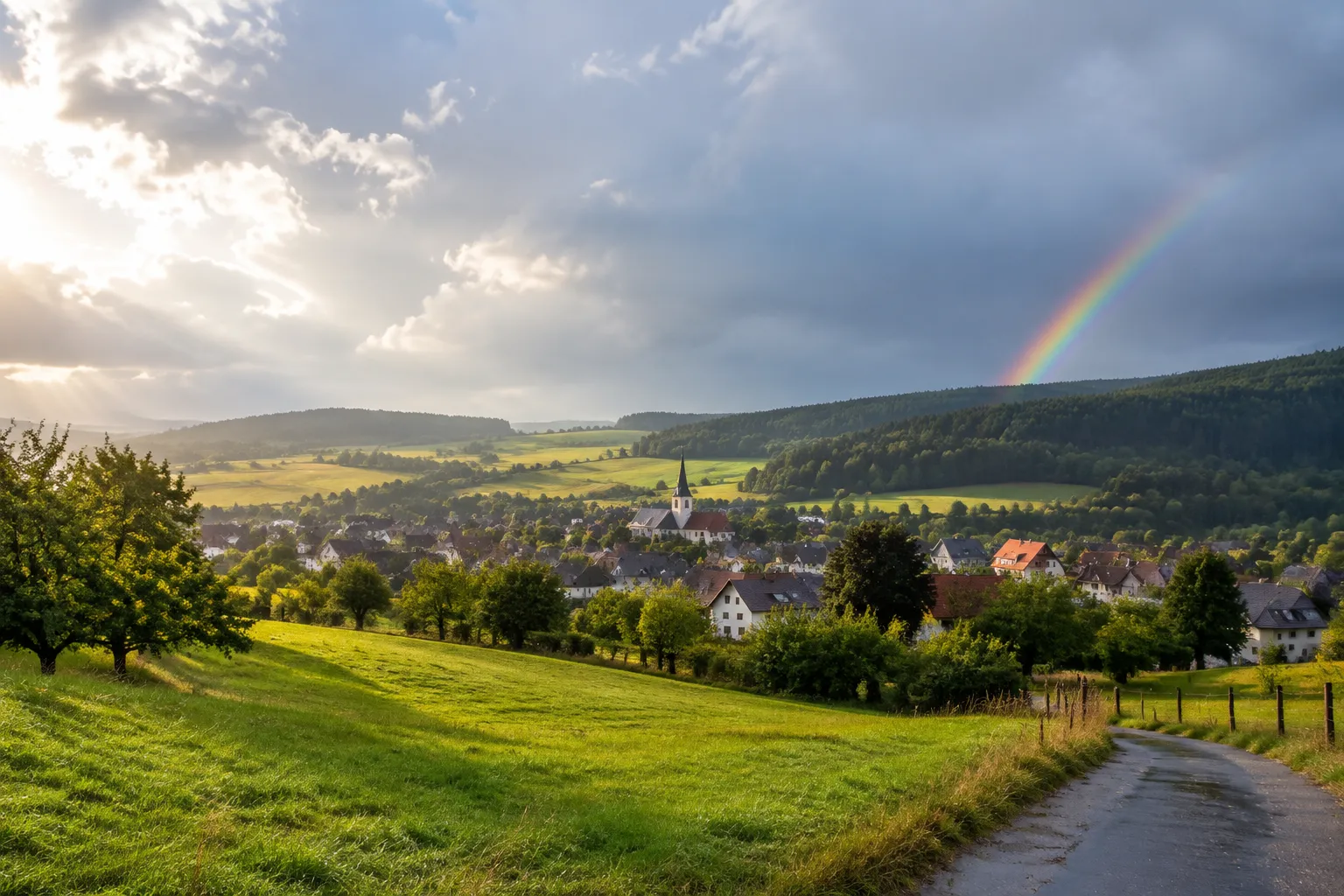 Landschaft mit Sonne nach dem Regen, aufreißenden Wolken und einem Regenbogen über Feldern und einem Dorf