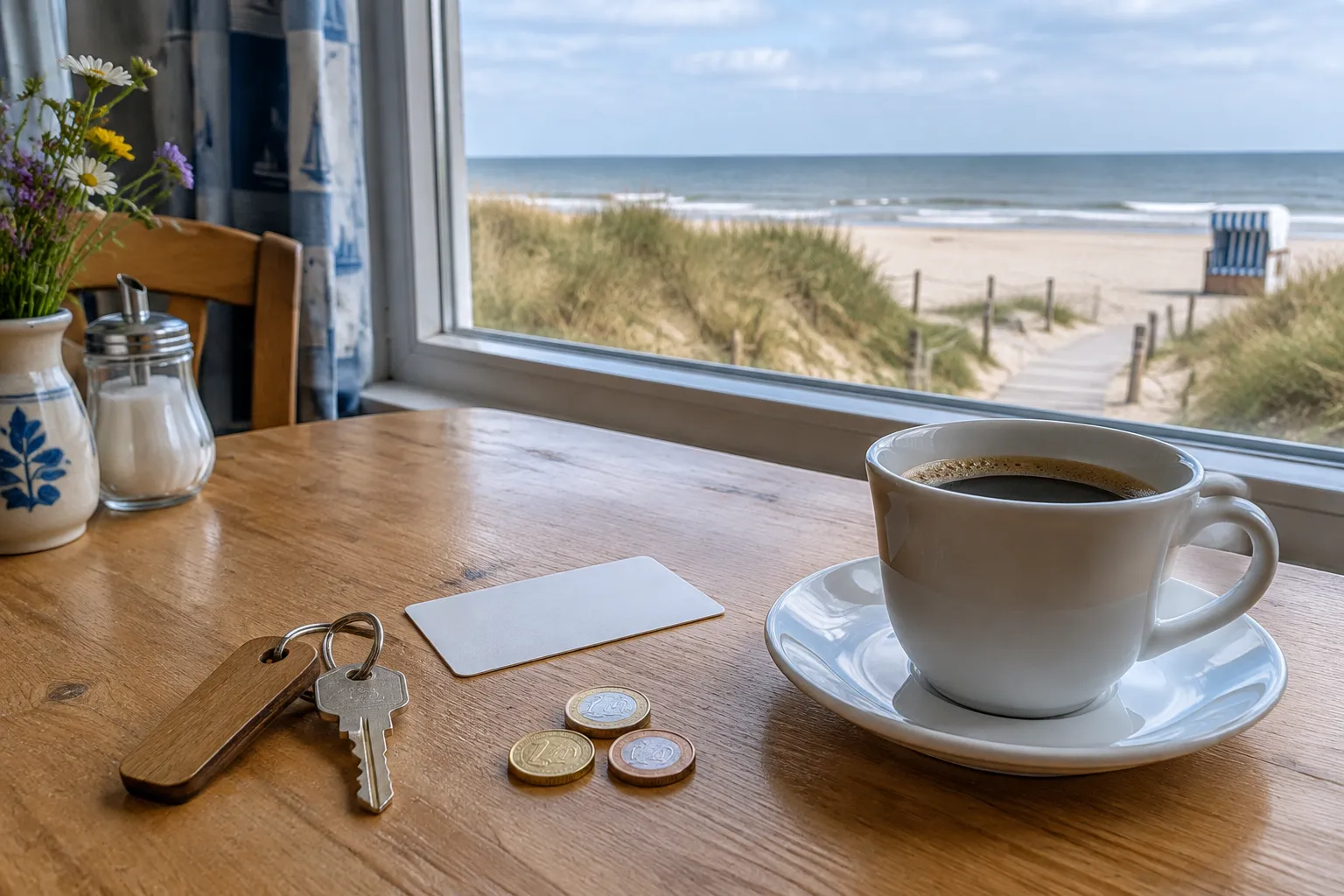 Gästekarte, Münzen und Zimmerschlüssel auf dem Frühstückstisch einer Pension, im Fenster Strand und Dünen