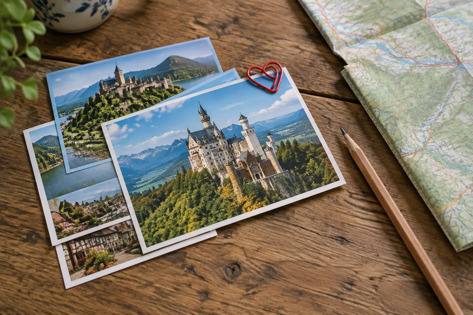 Postkarten mit Burgen und Landschaften, eine Landkarte und eine herzförmige Büroklammer auf einem Holztisch