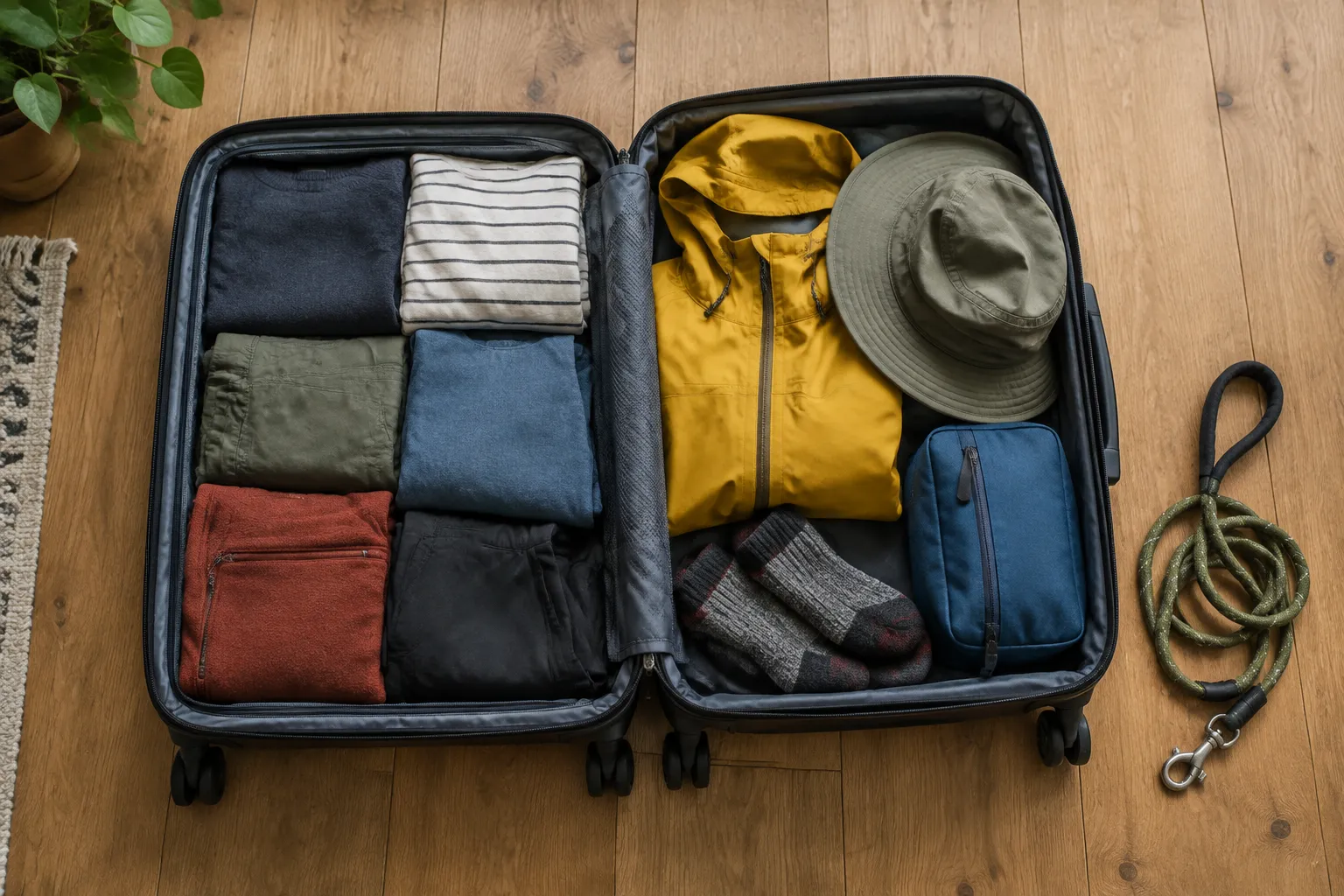 Halb gepackter Koffer mit Kleidung, Regenjacke, Sonnenhut, Kulturbeutel und Hundeleine von oben