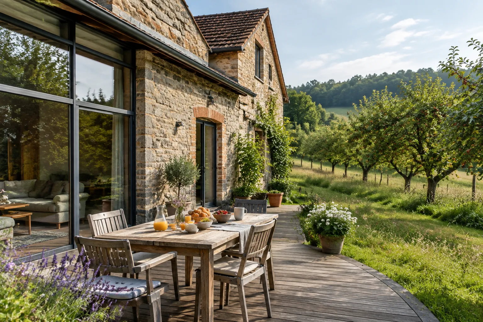 Modern umgebauter Bauernhof als Gästehaus mit gedecktem Frühstückstisch auf der Holzterrasse