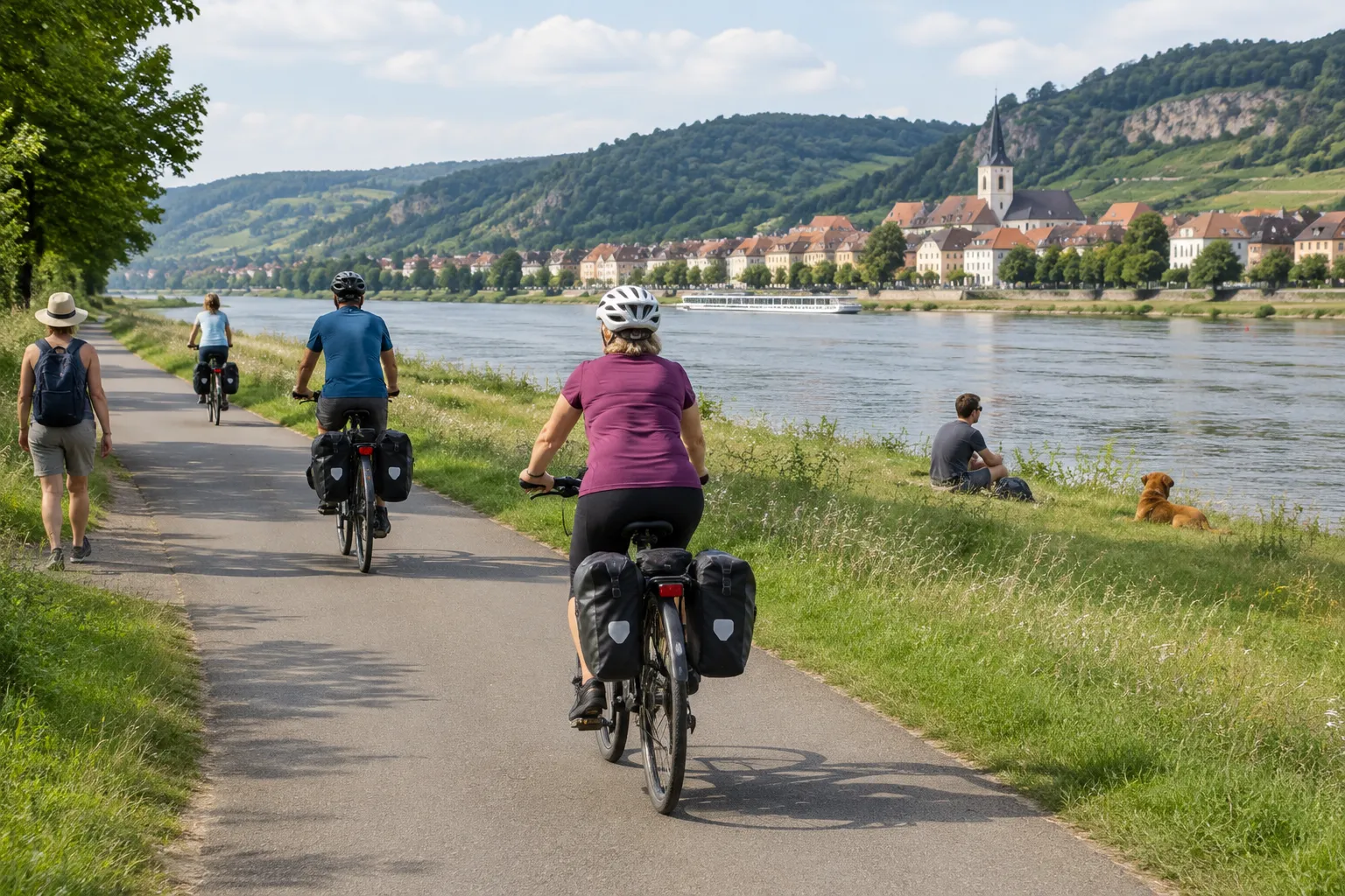 Radfahrer mit Gepäcktaschen auf einem Flussradweg, von hinten gesehen