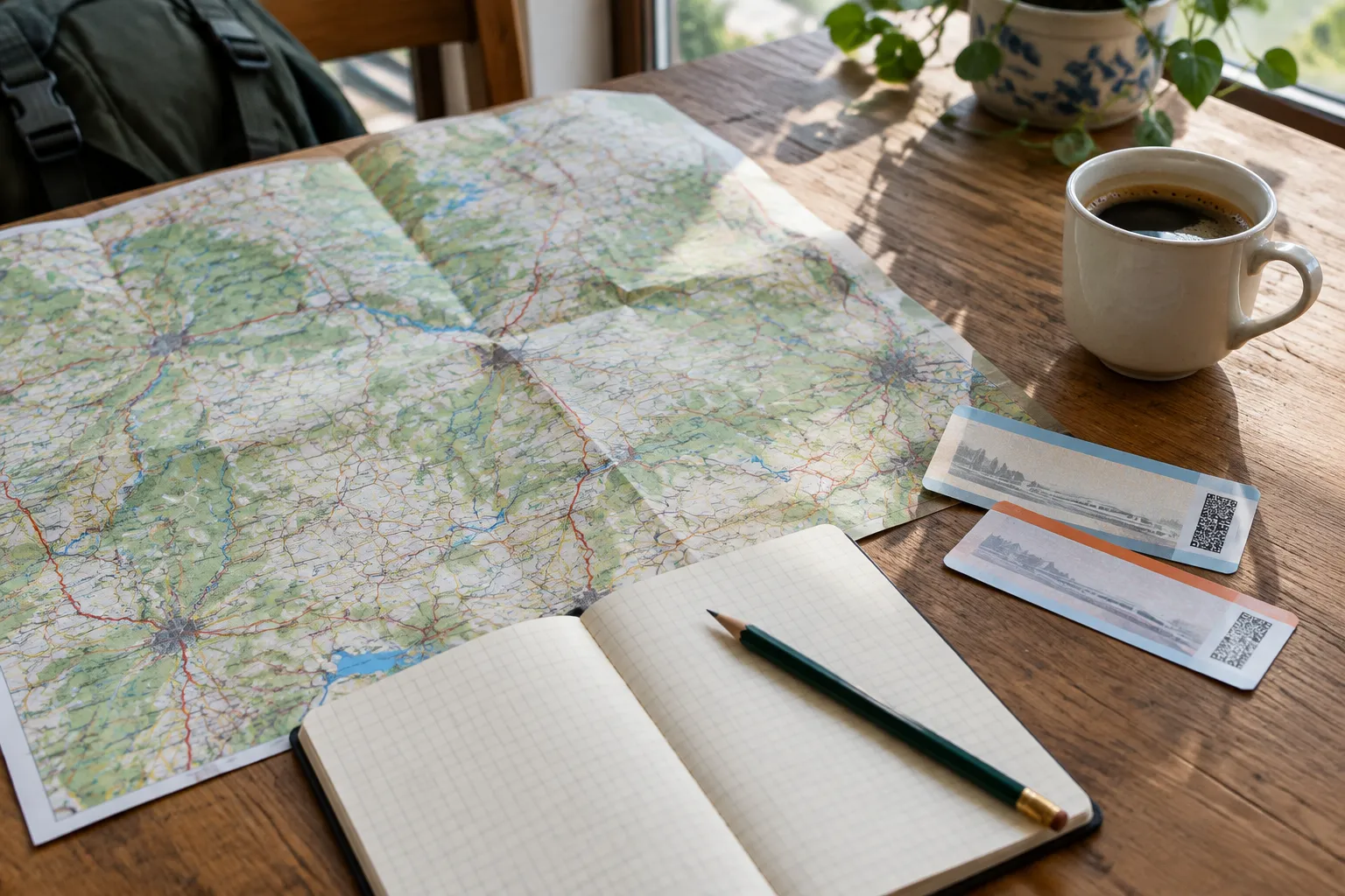 Landkarte, Notizbuch und Fahrkarten auf einem Holztisch zur Reiseplanung