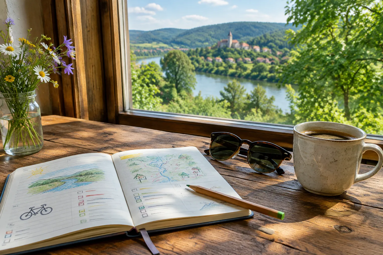 Aufgeschlagener Planer mit farbigen Markierungen, Bleistift und Sonnenbrille auf einem Holztisch