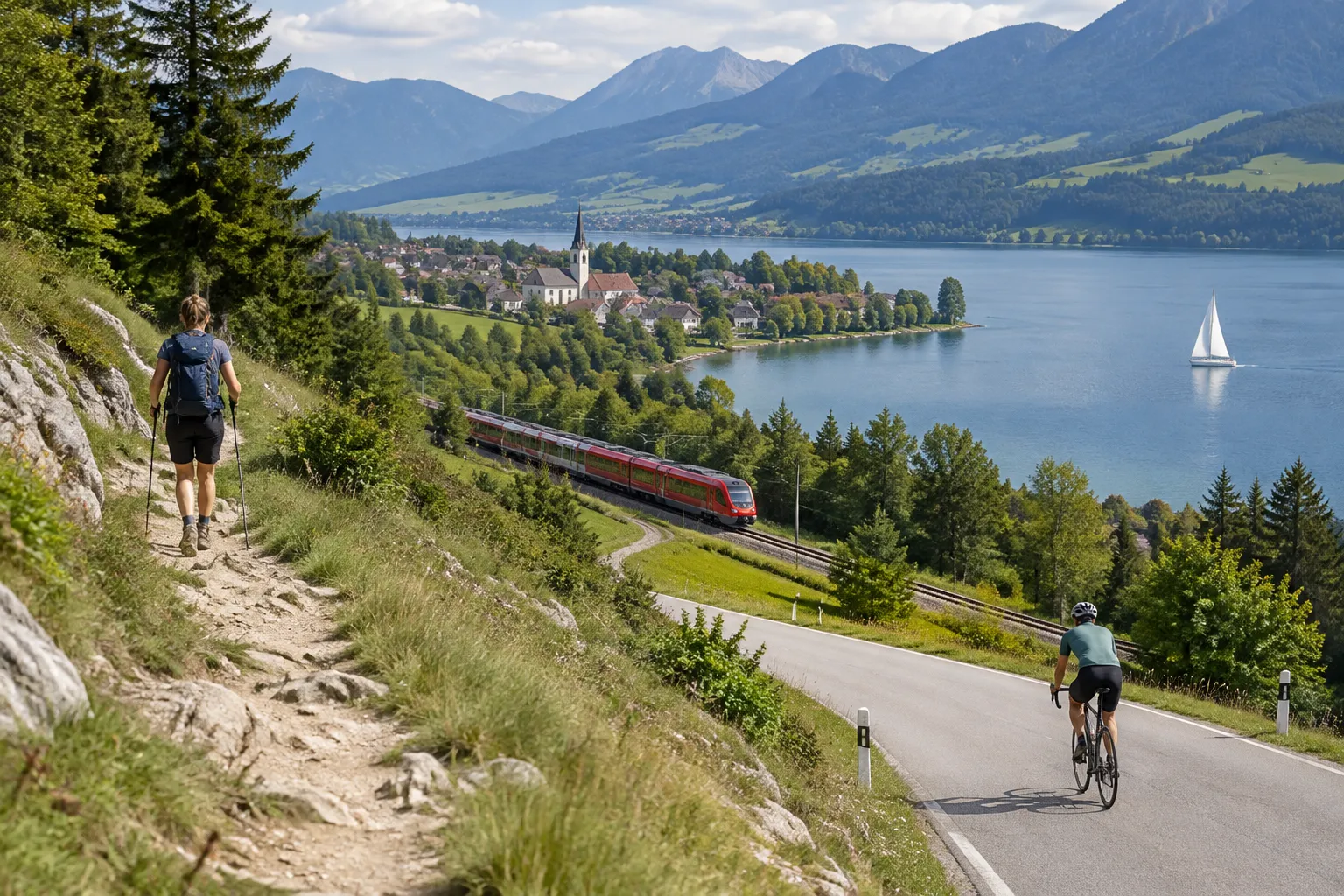 Landschaft mit Wanderer, Radfahrer, Zug im Tal und Segelboot auf einem See