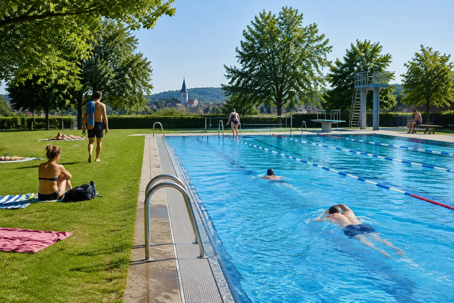 Freibad an einem Sommermorgen mit Schwimmern und Liegewiese
