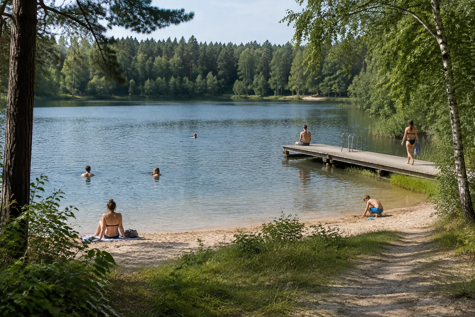 Badesee mit Holzsteg und Sandbucht im Wald, einige Badende