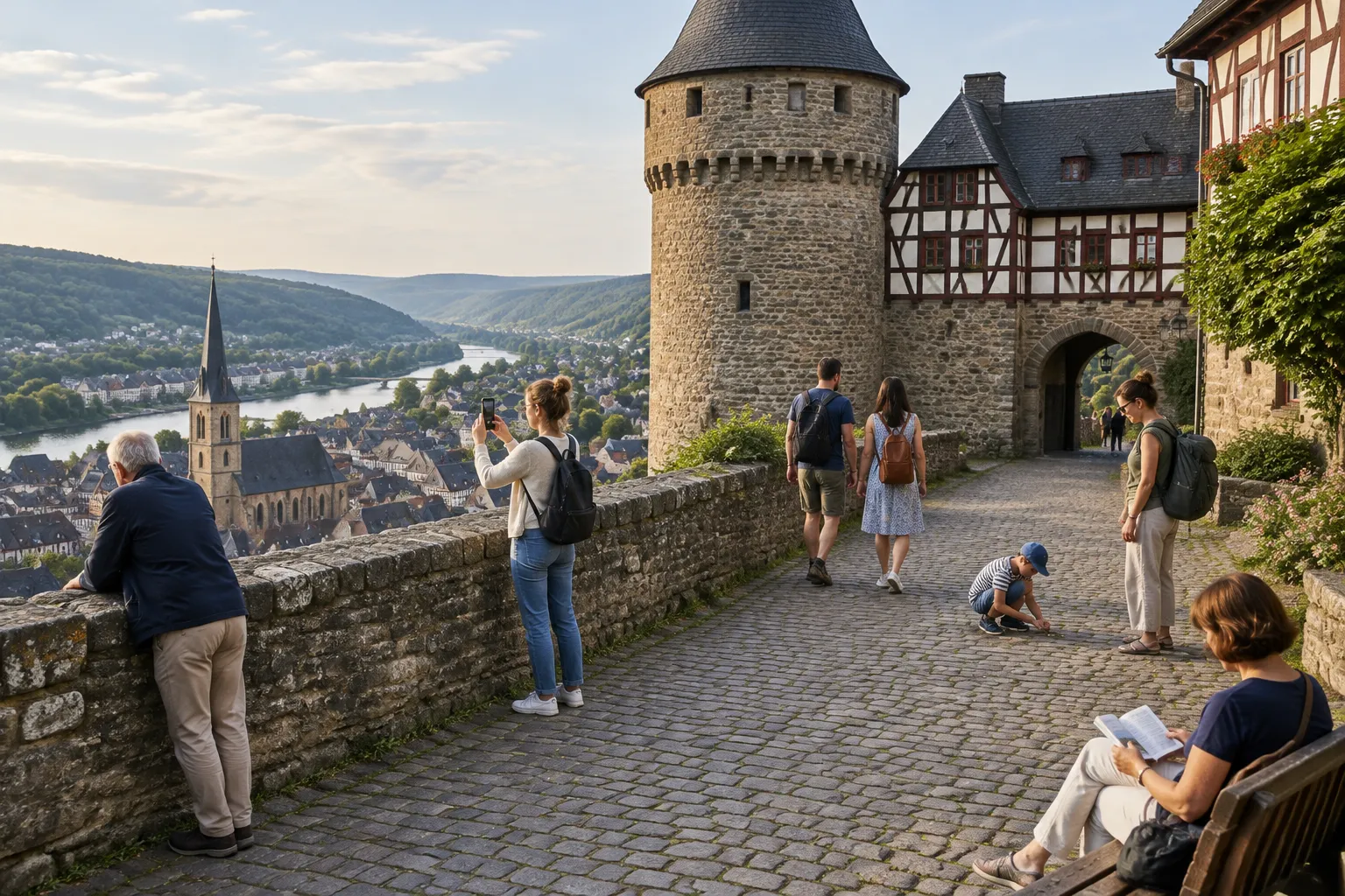 Besucher auf dem Wehrgang einer mittelalterlichen Burg: ein Mann blickt über die Mauer auf Altstadt und Fluss, andere fotografieren, gehen zum Tor oder lesen auf einer Bank