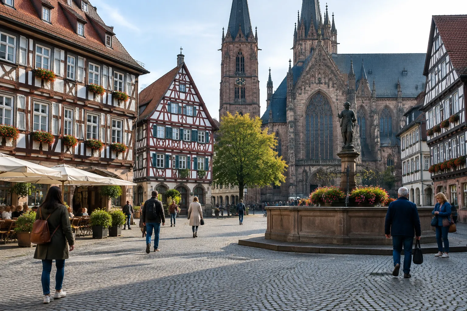 Historischer Marktplatz mit gotischer Kirche, Fachwerkhäusern und Brunnen