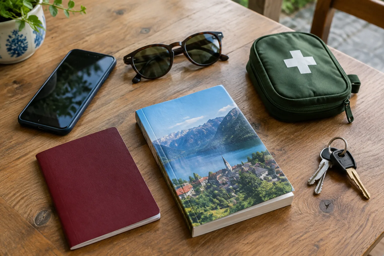 Reiseutensilien auf einem Holztisch: Ausweis, Telefon, Sonnenbrille, Verbandstasche und Schlüssel