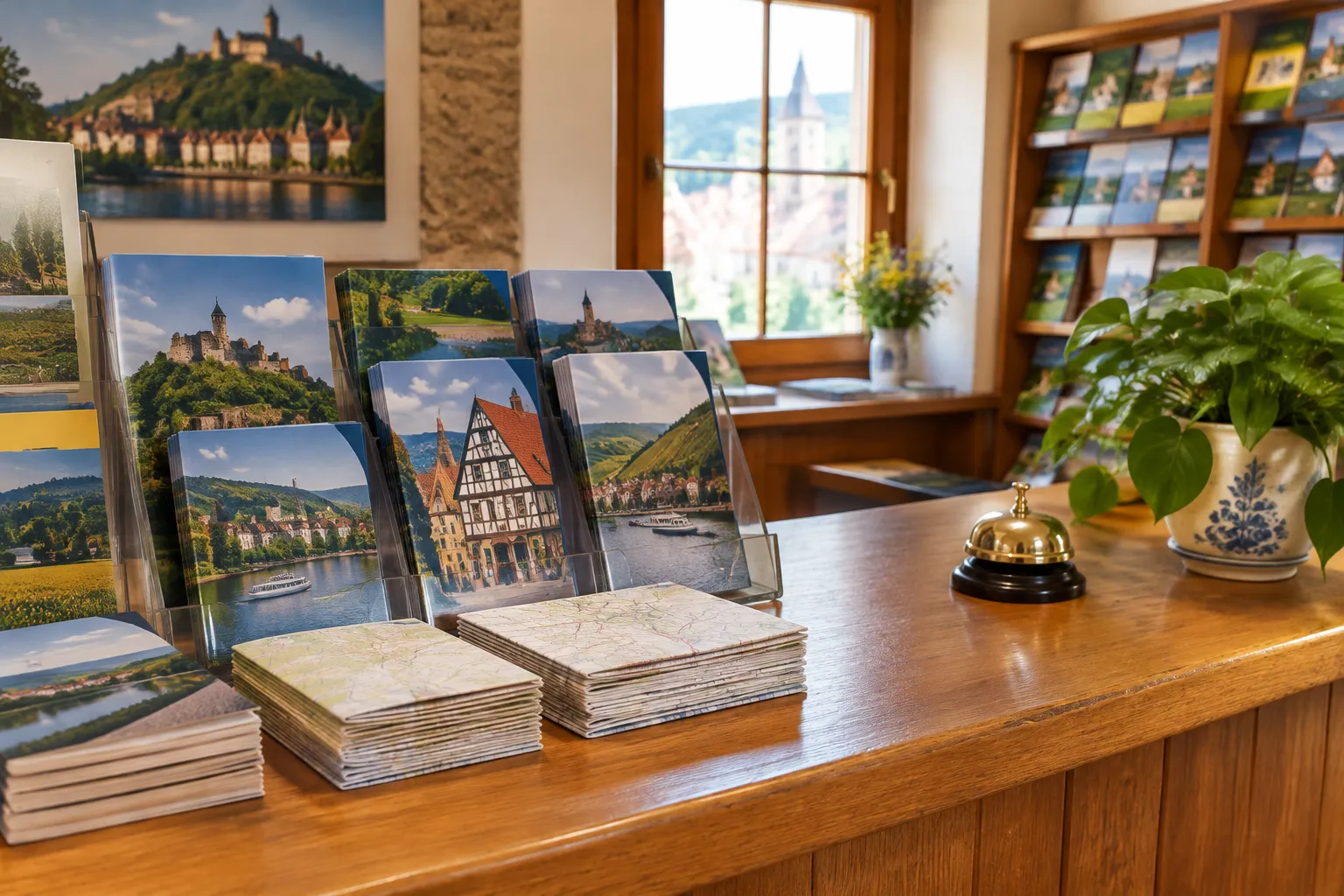 Tresen einer Tourist-Information mit Prospekten und Karten