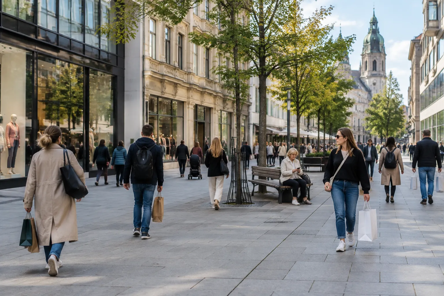Heutige Einkaufsstraße einer Großstadt mit Geschäften, Bäumen und Passanten