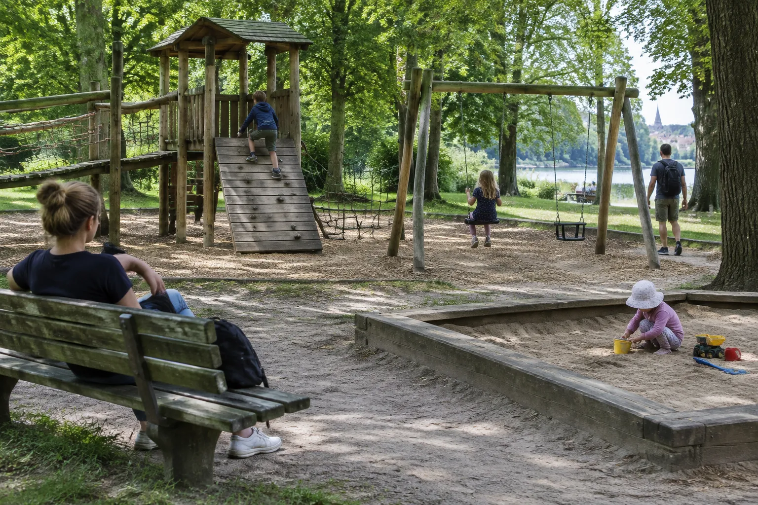 Naturnaher Holzspielplatz im Park mit Kletterturm, Sandkasten und Schaukeln