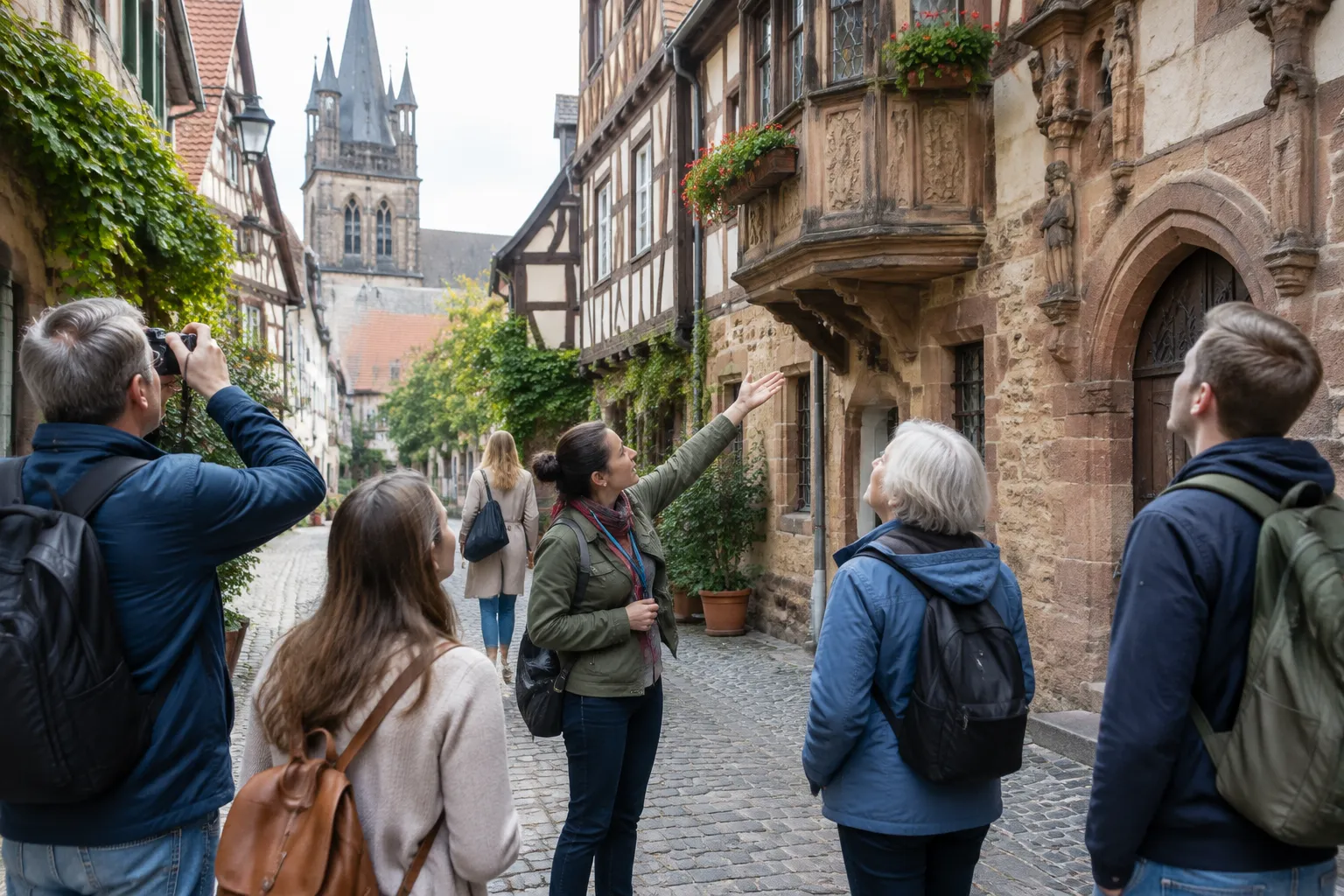 Kleine Gruppe bei einer Stadtführung in einer Altstadtgasse