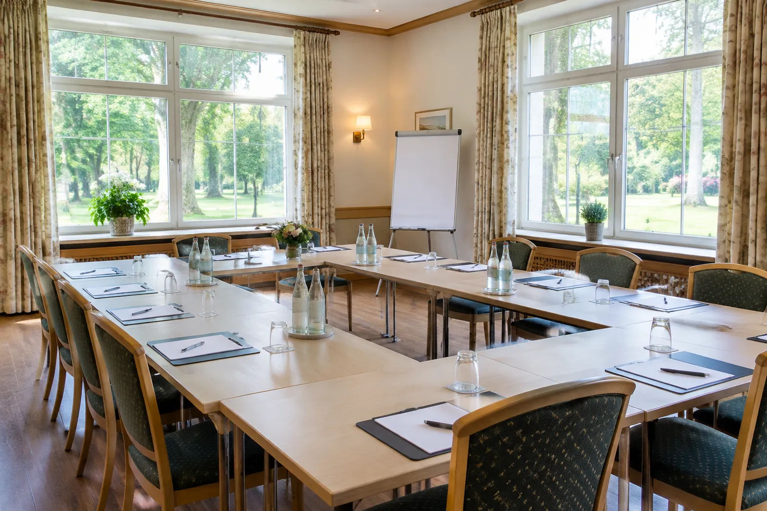 Heller Tagungsraum in einem Landhotel mit Tischen in U-Form und Blick in den Park