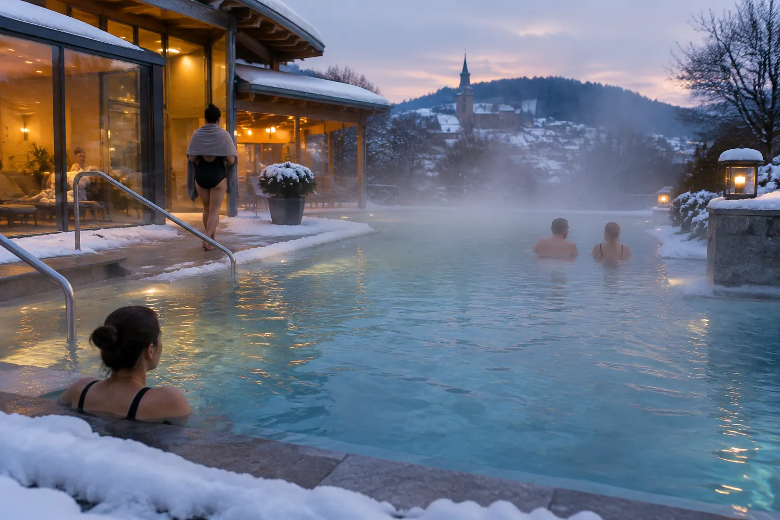 Dampfendes Außenbecken einer Therme in der Winterdämmerung