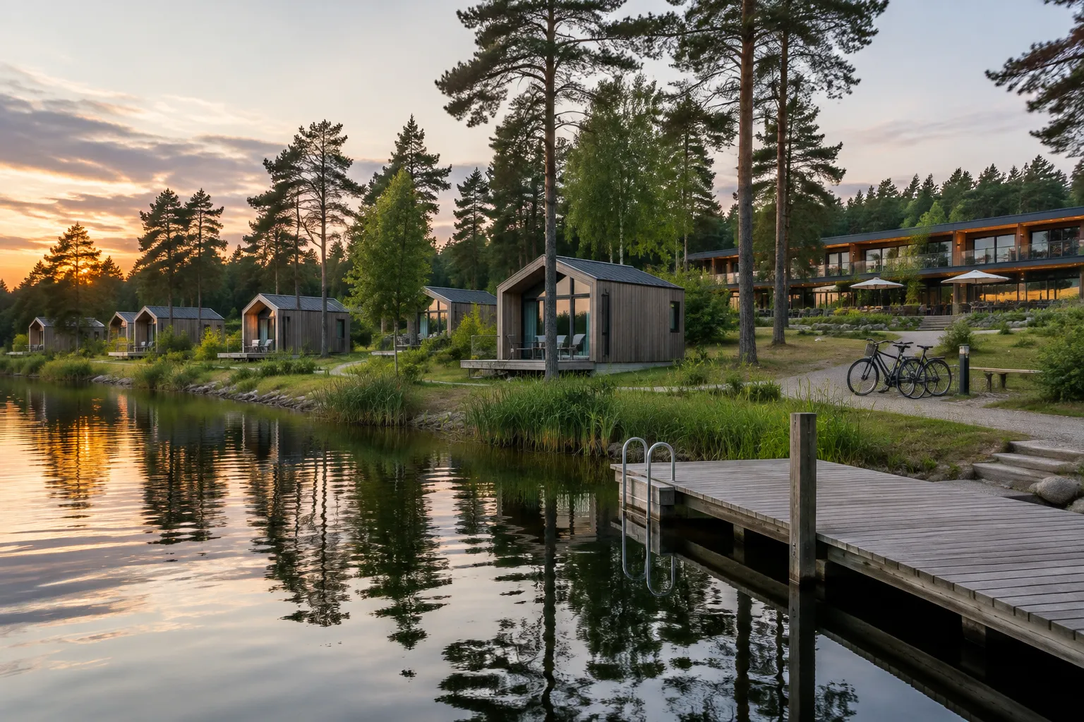 Moderne Ferienhäuser und ein kleines Hotel zwischen Kiefern an einem See