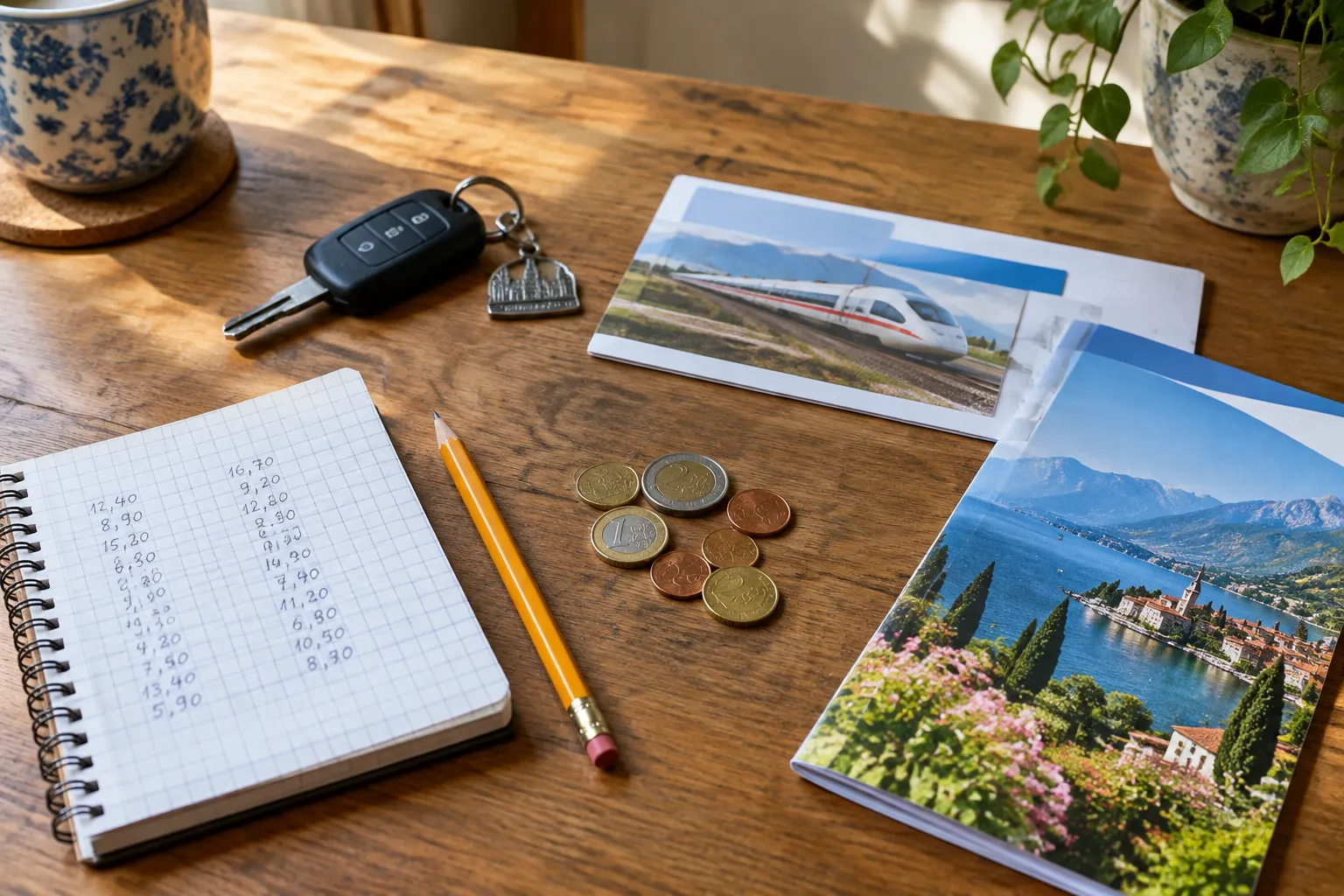 Notizbuch mit Zahlenreihen, Münzen, Autoschlüssel und Fahrkarte auf einem Holztisch