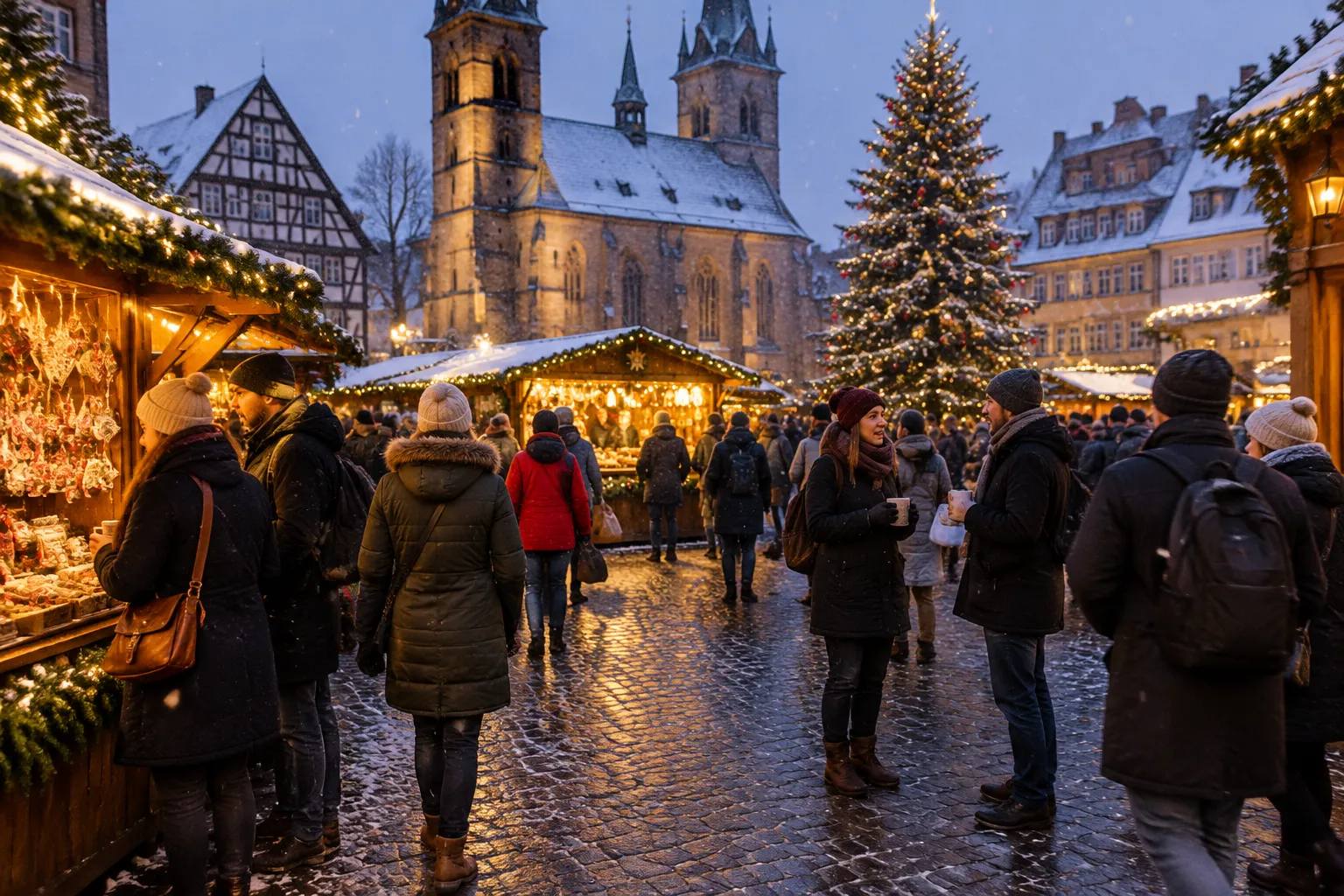 Weihnachtsmarkt auf einem historischen Platz am Abend mit beleuchteten Ständen